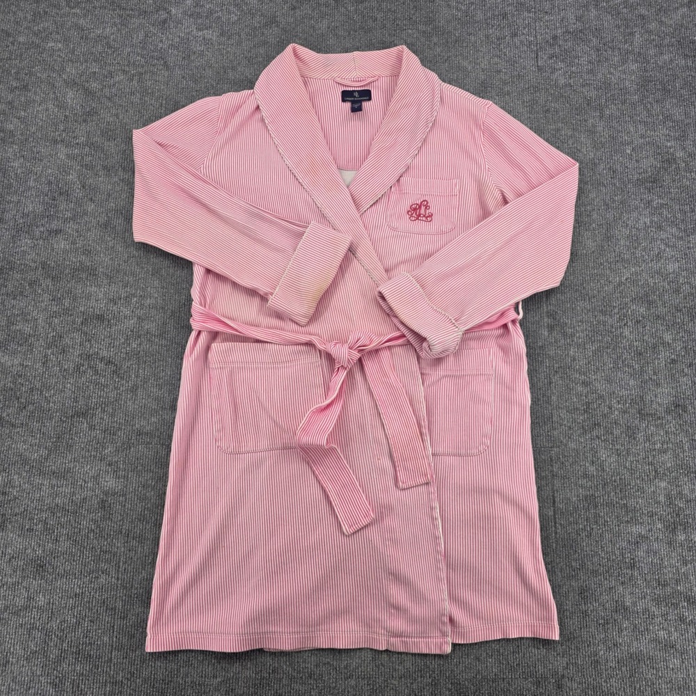 Lauren Ralph Lauren Essentials Pink White Striped Cotton Robe Small RLL Monogram